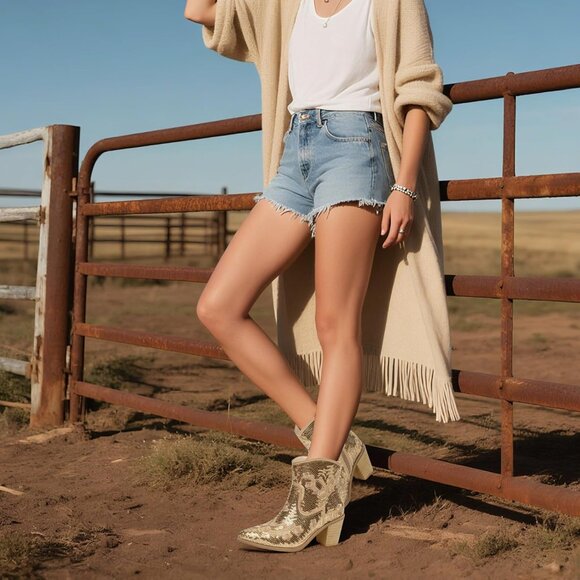 Women's Gold Ankle Low with Zipper Short Western Cowgirl Pointed Toe Booties - Picture 2 of 7